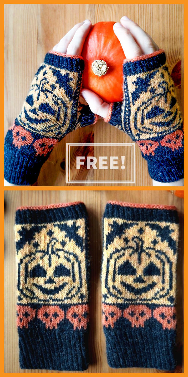 Free Knitting Pattern for Scary Pumpkin Mitts