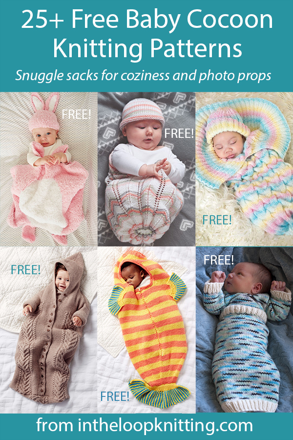 Baby Cocoon, Snuggly, Sleep Sack, Wrap Knitting Patterns. Snuggle your baby with these knitting patterns. There are bunting bags and sleep sacks to keep your baby cozy, cocoons perfect for costumes and newborn photo props, and wraps to swaddle. Great for shower gifts! Most patterns are free. 