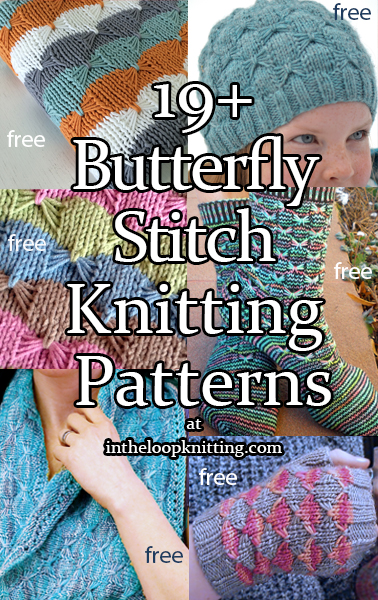 Knitting patterns using the butterfly stitch, also called the bow or bowtie stitch. Most patterns are free. Updated 4/28/23