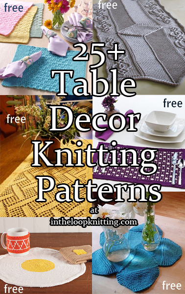 Table Decor Knitting Patterns. Table decoration knitting patterns including placemats, table runners, napkin rings, coasters and more. Great for gifts or for that special event! Most patterns are free.