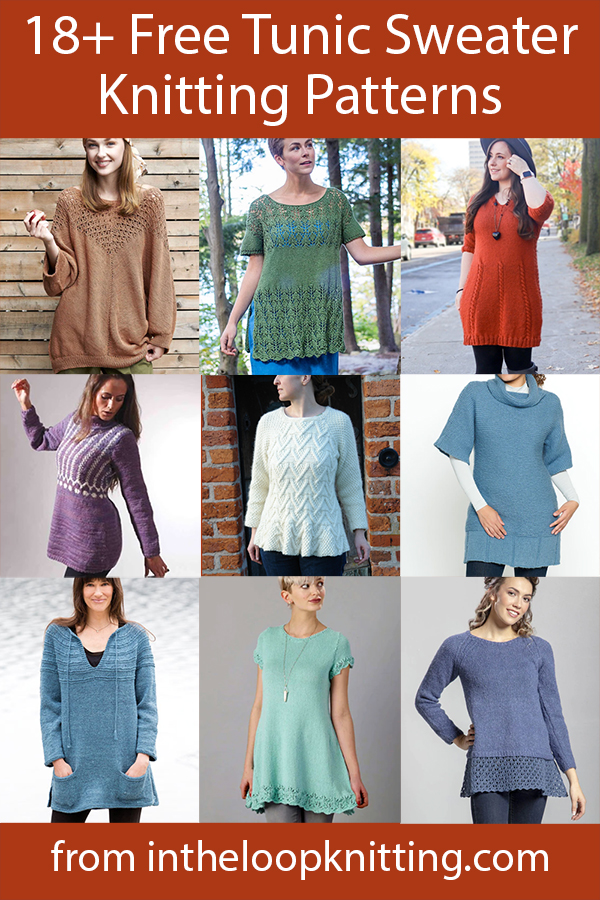 Tunic Knitting Patterns. These pullover sweater knitting patterns are long enough to be worn with leggings,  jeans, tights or by themselves. Most patterns are free.