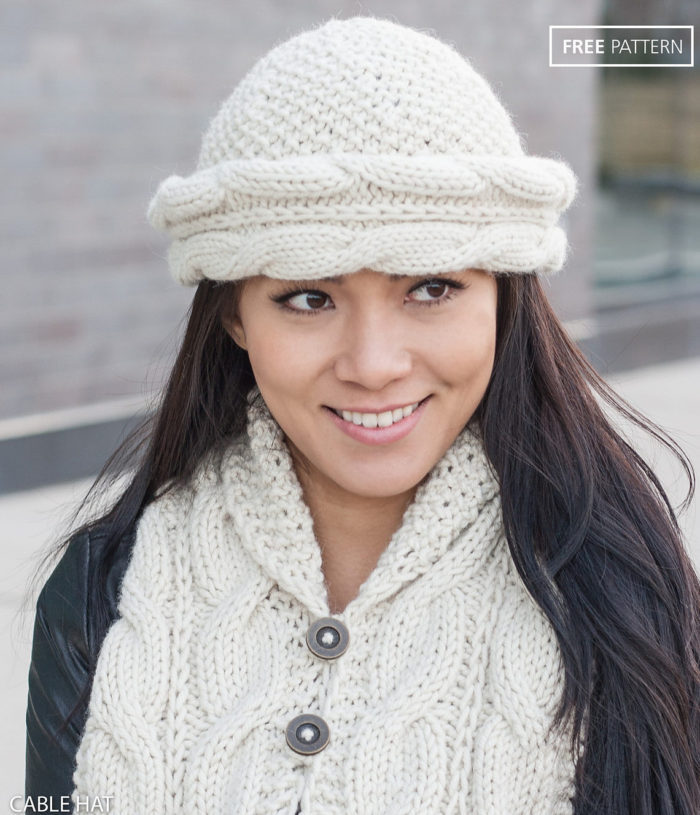 Free Knitting Pattern for Cable Brim Hat and Cable Shawl Collar Set