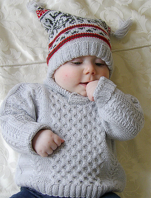 Knitting Pattern for Baby Cable Sweater, Fair Isle Hat, and Booties 