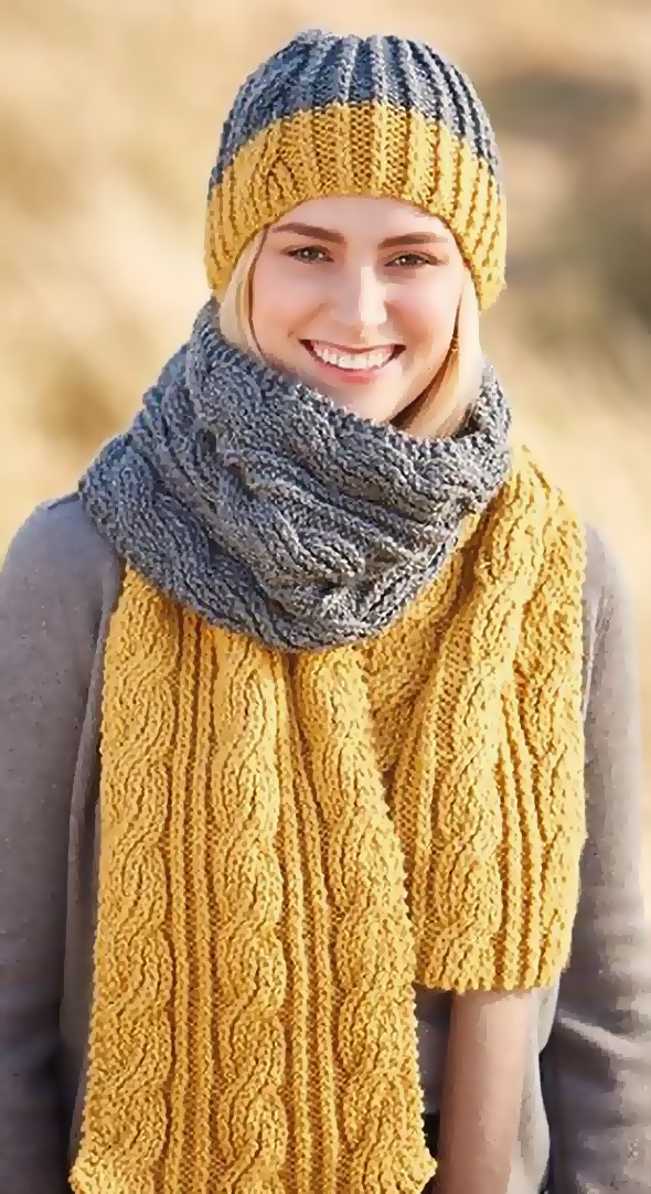 Knitting Pattern for Reversible Cable Scarf and Hat