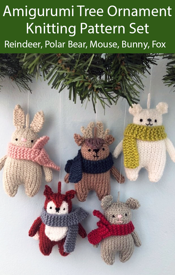 Knitting Patterns for Christmas Tree Ornaments  Red-Nosed Reindeer, Polar Bear, Mouse, Bunny, Fox