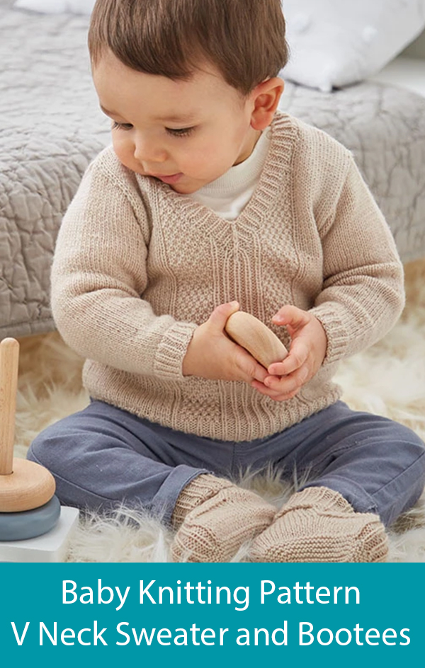 Knitting Pattern or Kit for Baby's V Neck Sweater and Bootees