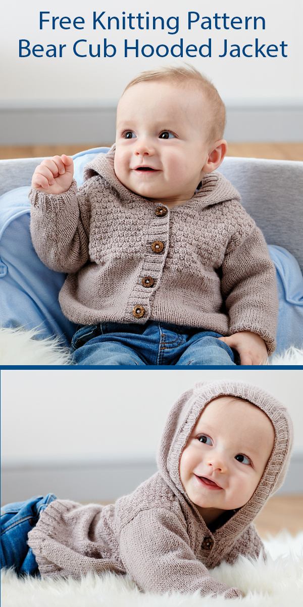 Free Knitting Pattern for Baby Bear Cub Hooded Jacket Sizes Newborn to 18 months