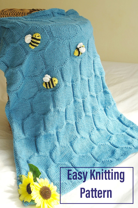 Knitting Pattern for Easy Bee and Honeycomb Baby Blanket