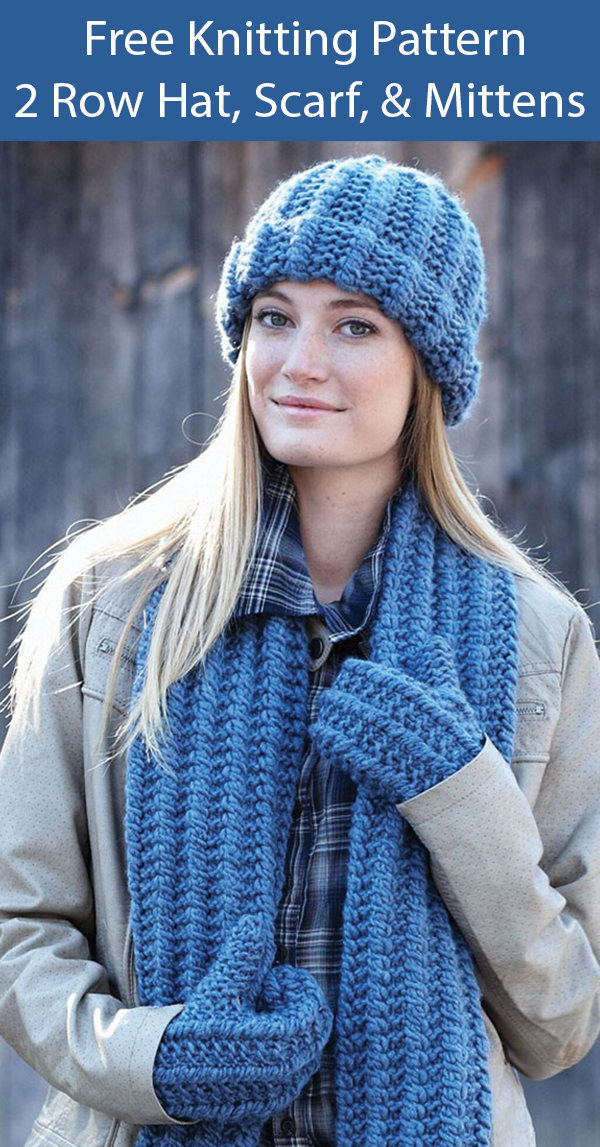 Free Knitting Pattern for 2 Row Hat, Scarf, and Mittens Set