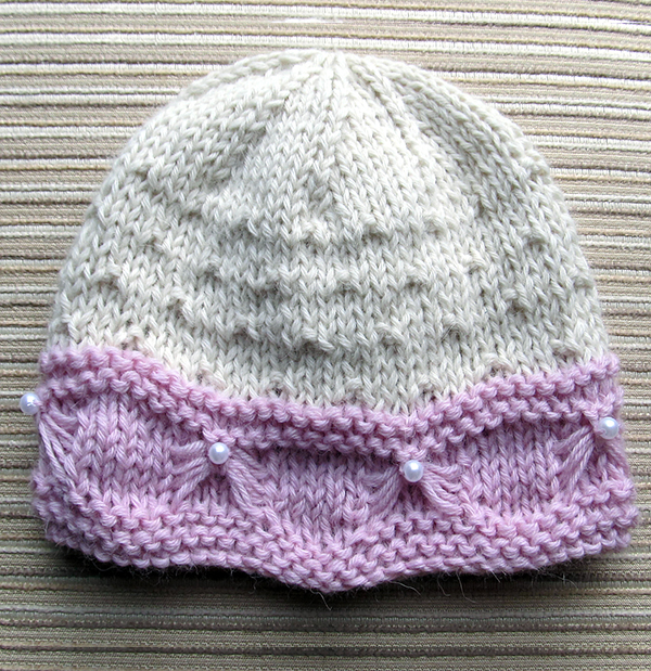 Knitting Pattern for Baby Hat with Butterfly Stitch Trim