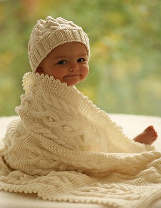 Free knitting pattern for cable baby hat and baby blanket