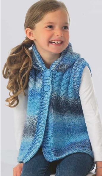 Knitting pattern for Hooded Vest for kids with cable yoke