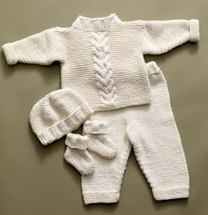 Free knitting pattern for Cabled Baby Set with top, pants, hat, and booties