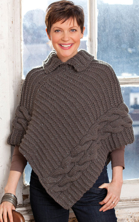 Free Knitting Pattern for Cabled and Collared Poncho