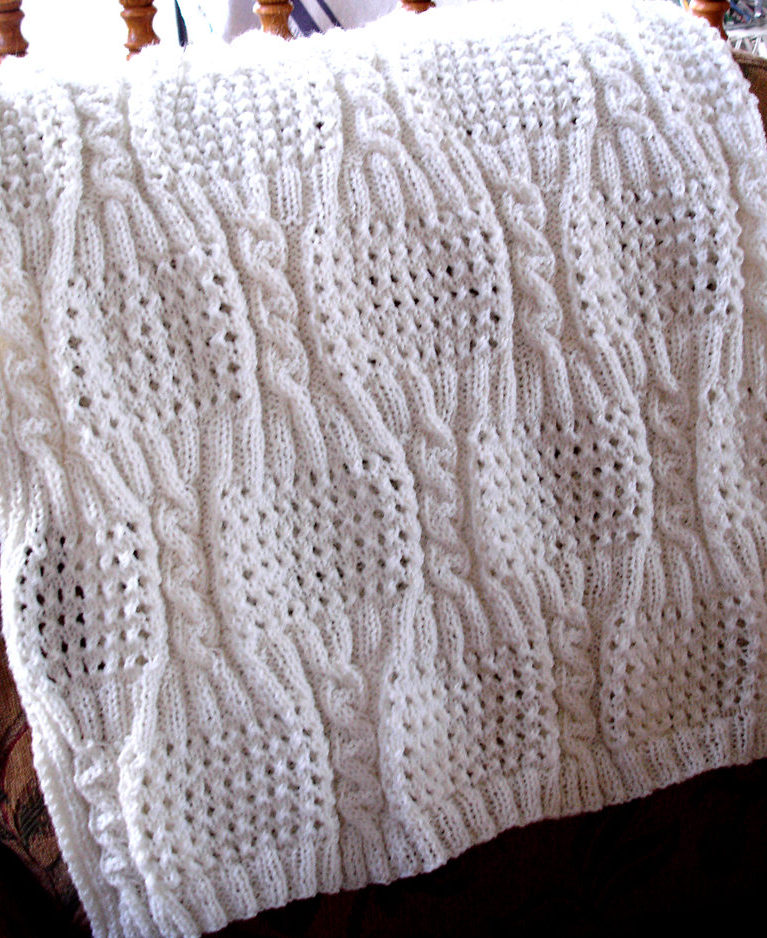 Free Knitting Pattern for Cabled Eyelet Baby Blanket