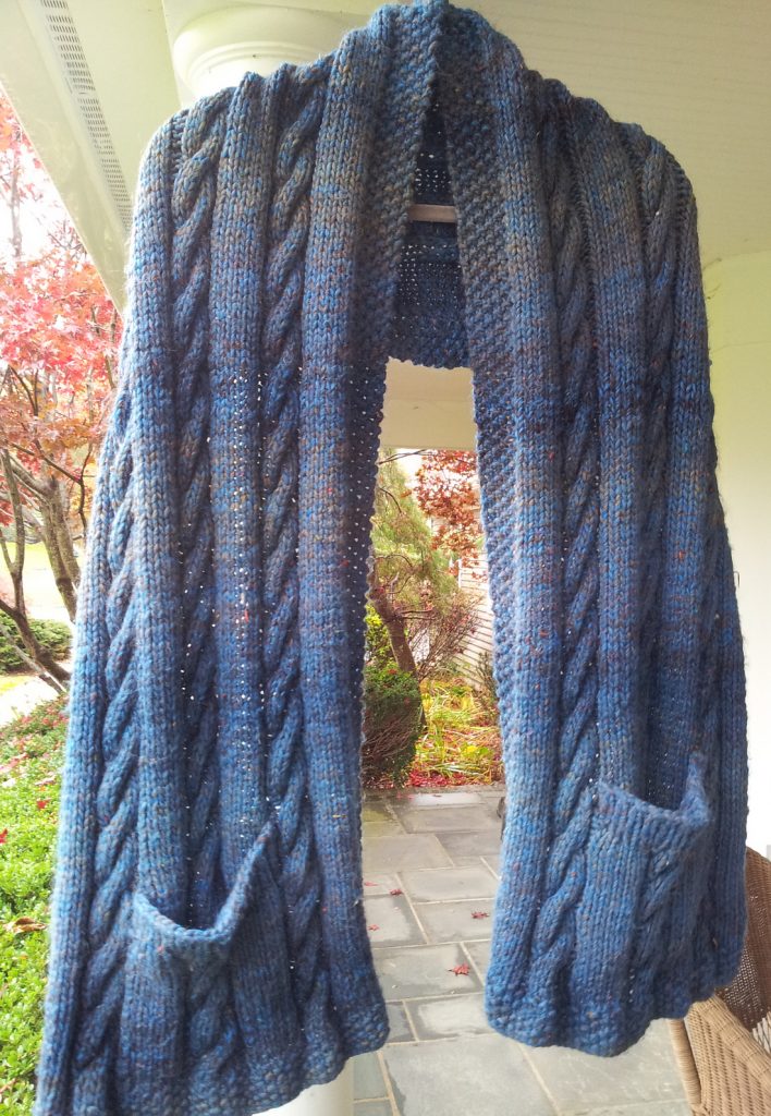 Free Knitting Pattern Cabled Pocket Shawl in super bulky yarn
