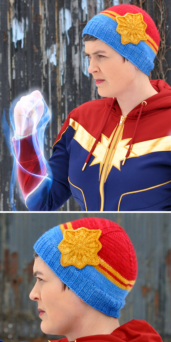 Free knitting pattern for Captain Marvel Inspired Hat