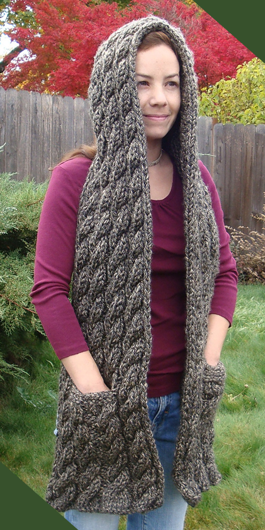 Free Knitting Pattern for Cascading Cables Hooded Scarf