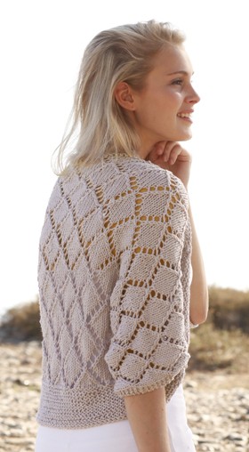 Free knitting pattern for Cassie Shrug with diamond lace 