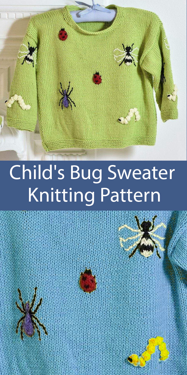 Knitting Pattern for Child's Bug Sweater with ladybugs, bees, spiders, and caterpillars