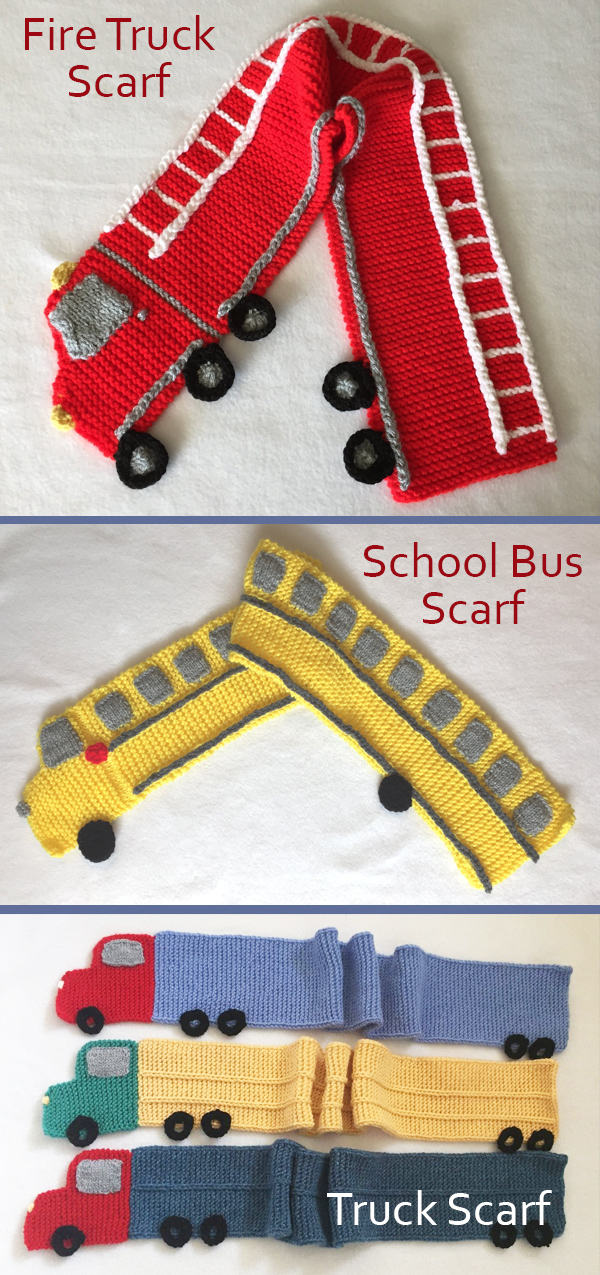 Knitting Patterns for Fire Truck Scarf, School Bus Scarf, and Trailer Truck Scarf