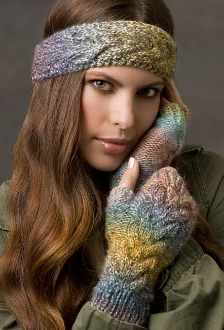 Free knitting patterns for Cold Weather Cables fingerless mitts and headband