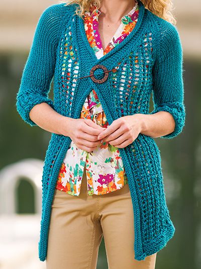 Free knitting pattern for Cozy Lace Cardigan and more shorter sleeved cardigan knitting patterns