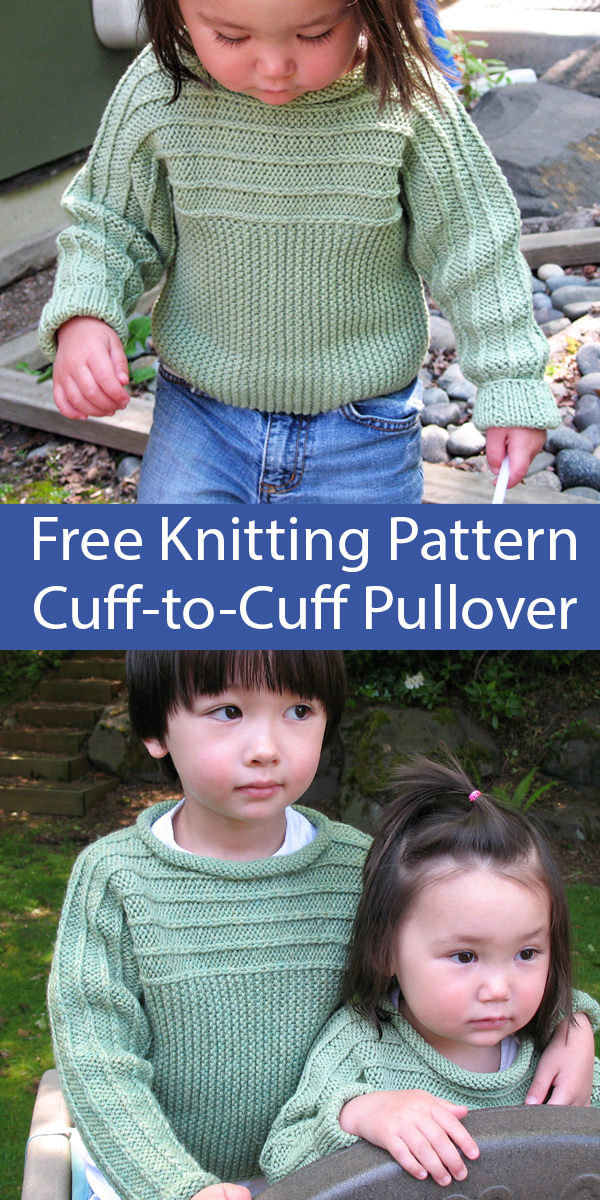 Free Knitting Pattern for Child's Sweater Cuff-to-Cuff Pullover for ages 4 through 10