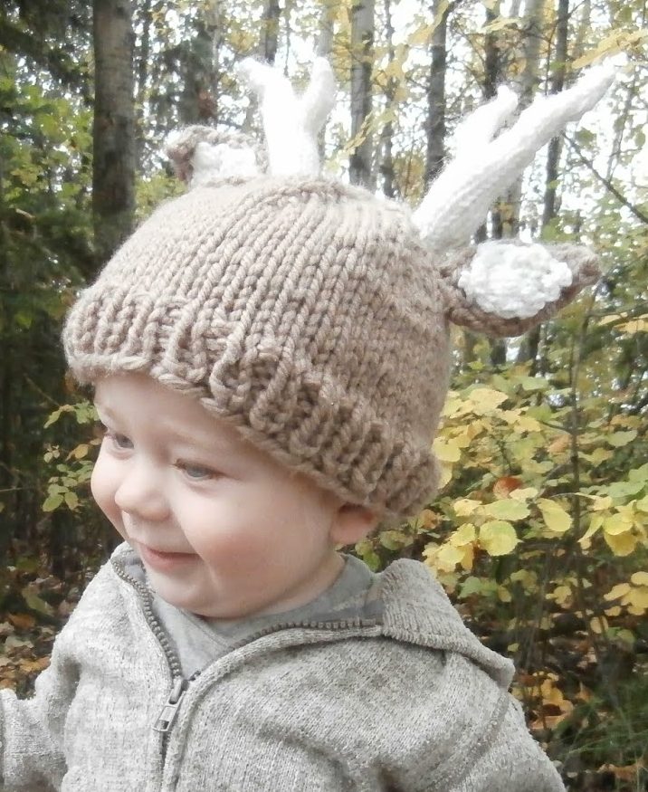 Free knitting pattern for Deer Baby Hat with antlers