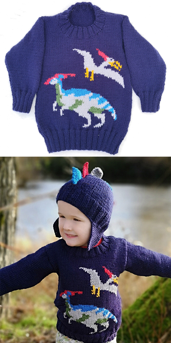 Knitting Pattern for Dinosaur Child's Sweater and Hat