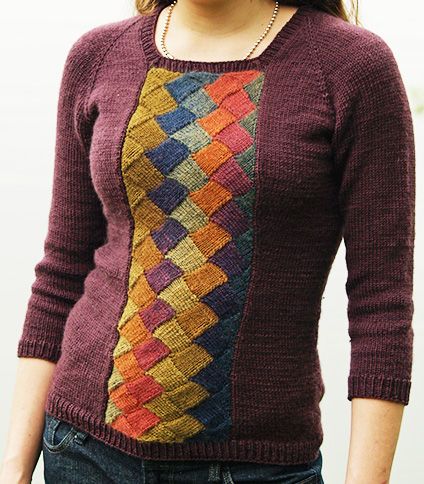Free knitting pattern for entrelac pullover sweater Tenney Park