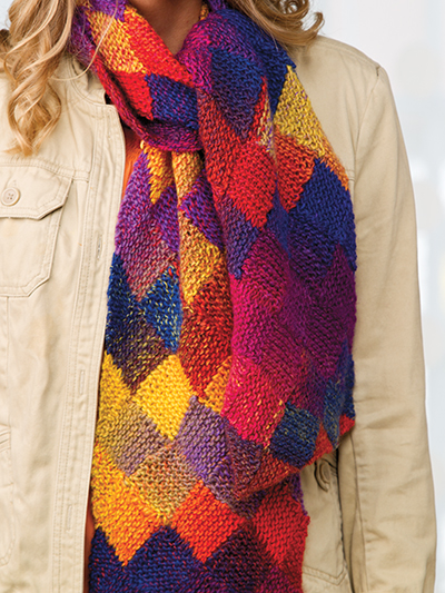 Free knitting pattern for colorful Entrelac Scarf