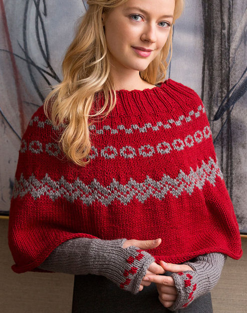 Free Knitting Pattern for Fair Isle Poncho and Arm Warmers