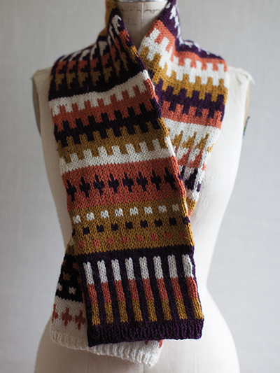 Free knitting pattern for Fair Isle Scarf with geometric pattern and more colorful scarf knitting patterns