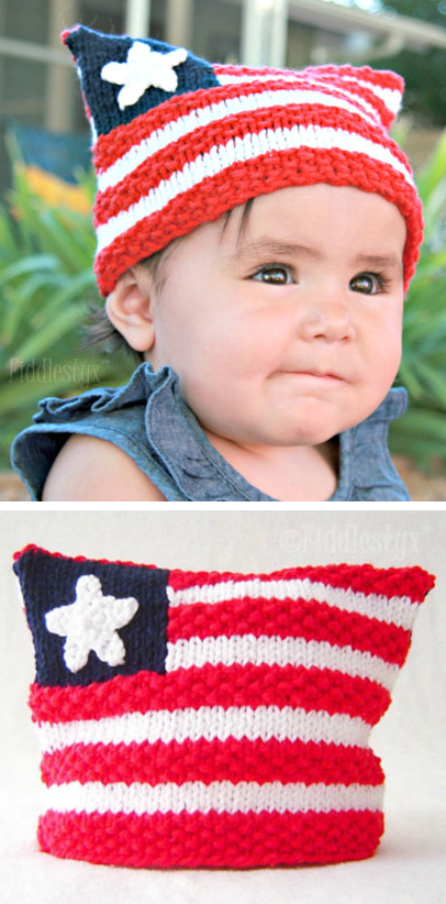 Knitting pattern for American Flag Hat in baby, child, and adult sizes