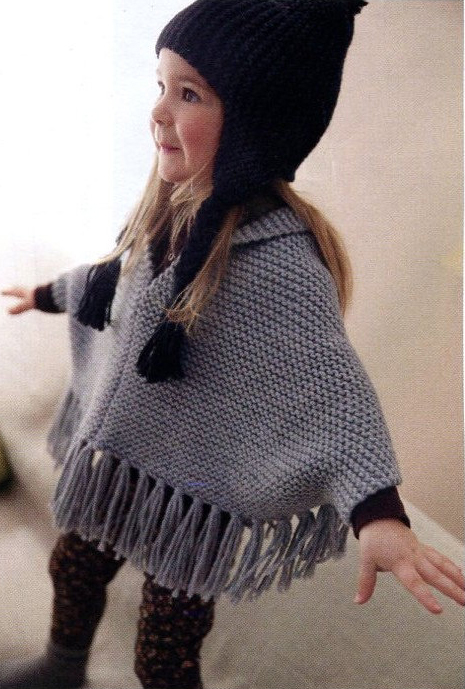 Knitting Pattern for Child's Poncho in Garter Stitch and Hat