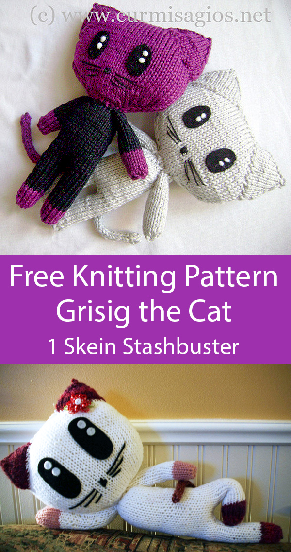 Free Knitting Pattern for Grisig the Cat Amigurumi 1 Skein or Less Stashbuster