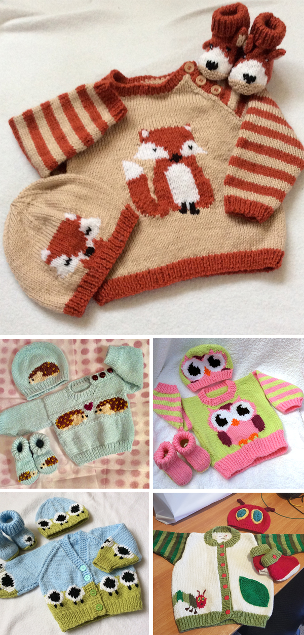 Knitting Patterns for Baby and Child Sweater Sets with Animal Themes