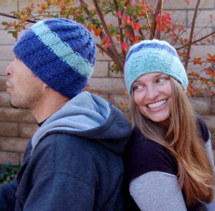 Free knitting pattern for His and Her Hats with spiral pattern and more beanie knitting patterns
