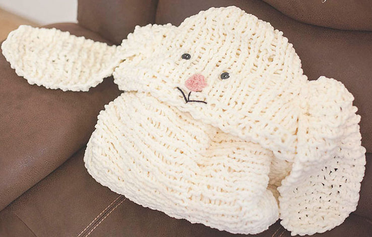 Free Knitting or Crochet Pattern for Hooded Bunny Blanket