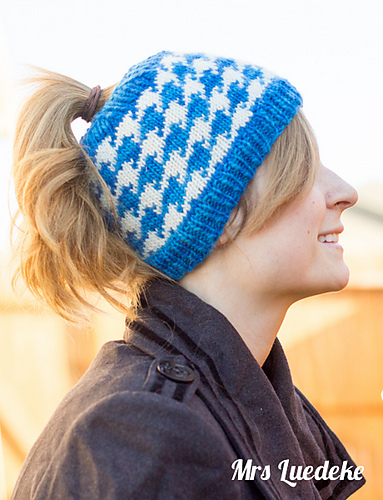 Free Knitting Pattern for Houndstooth Ponytail Hat