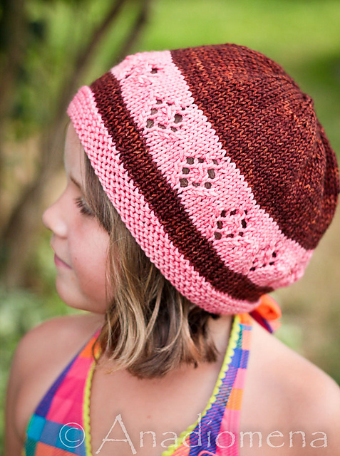 Free knitting pattern for Adult and Child In Between Seasons Hat with diamond lace pattern