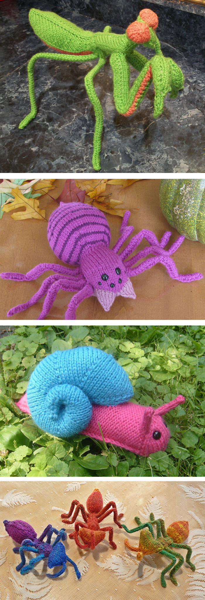 Knitting Patterns for Praying Mantis, Spider, Garden Snail, and Ant