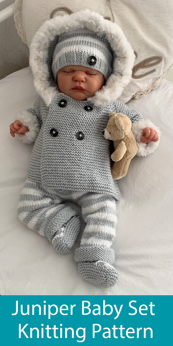 Knitting Pattern for Juniper Baby Set with hooded double breasted modern jacket, pants, hat and booties