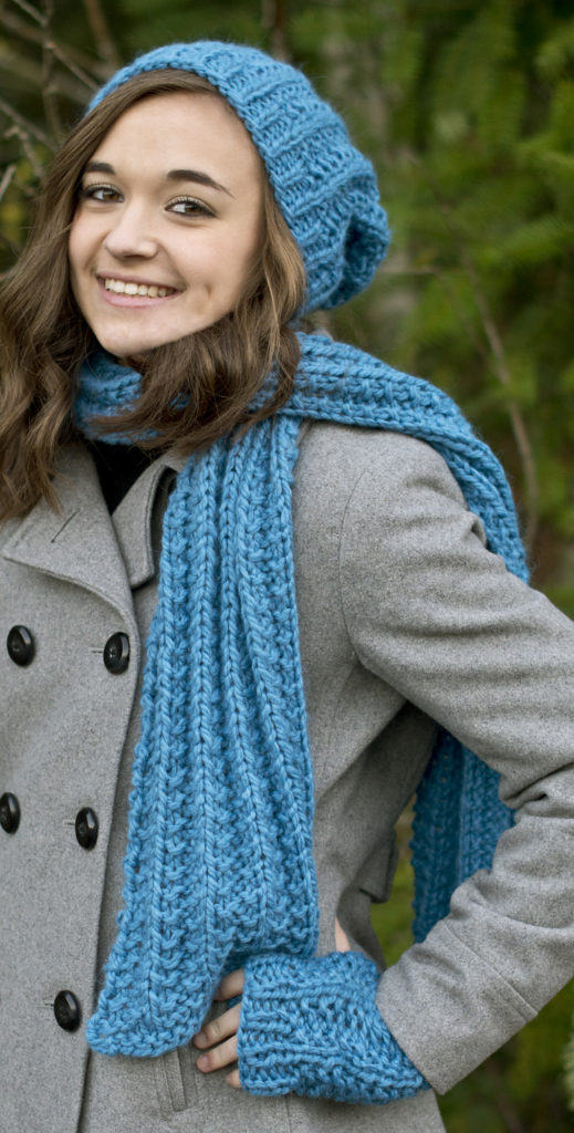 Free Knitting Pattern for One Row Repeat Hat, Scarf and Mitts Set