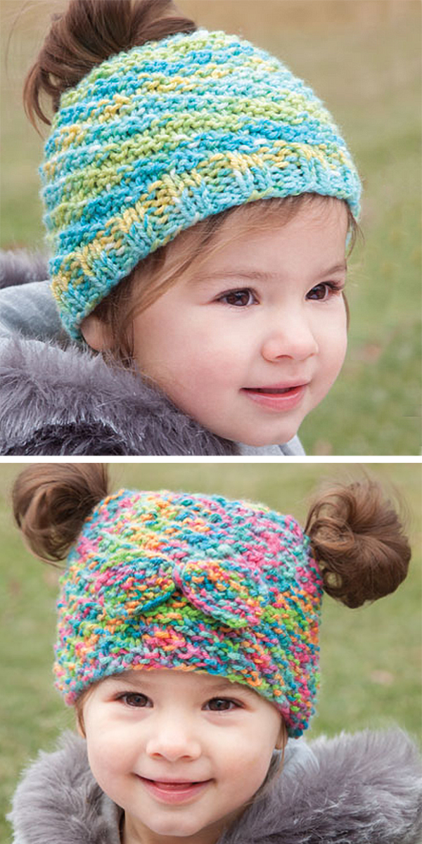Knitting Pattern for Baby and Child Messy Bun and Pigtail Hats