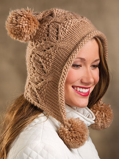 Free knitting pattern for Mocha Hoodie hat with pompoms