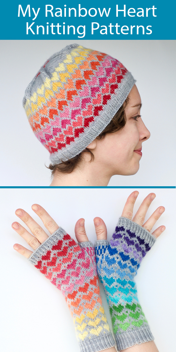 Knitting Patterns for Rainbow Heart Hat or Fingerless Mitts 