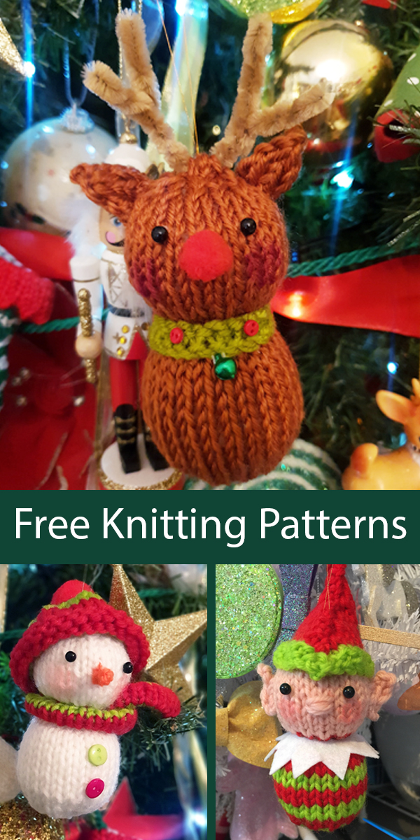 Free Knitting Pattern for Christmas Tree Ornaments Red-Nosed Reindeer, Elf, and Snowman