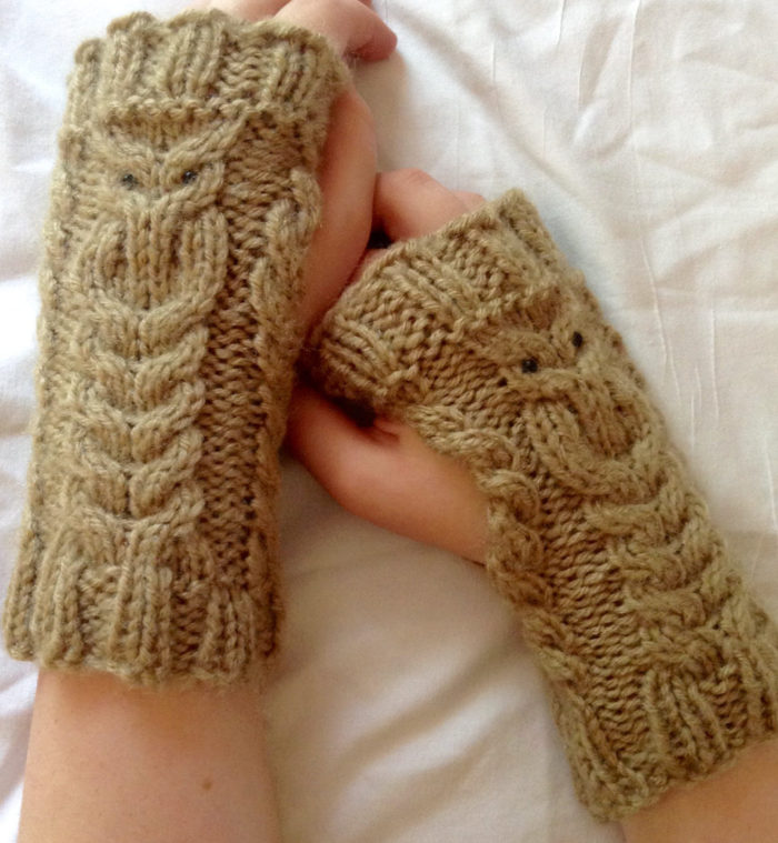 Knitting Pattern for Owl Cable Fingerless Mitts